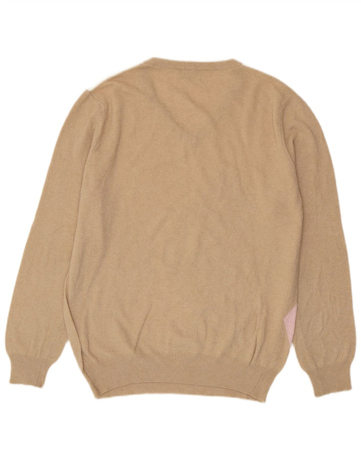 Sweter męski Castello z dekoltem w szpic, duży, beżowy, argyle/diamentowa, dziewicza wełna