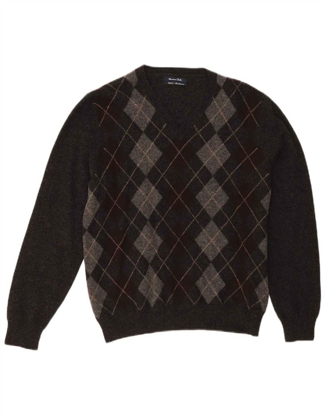 Męski sweter Massimo Dutti z dekoltem w kształcie litery V, średnioszary, argyle/diamentowa wełna