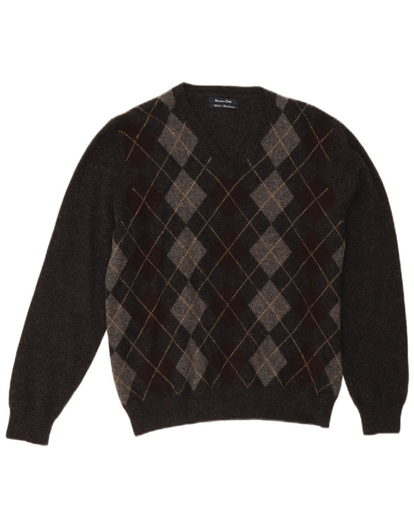 Męski sweter Massimo Dutti z dekoltem w kształcie litery V, średnioszary, argyle/diamentowa wełna