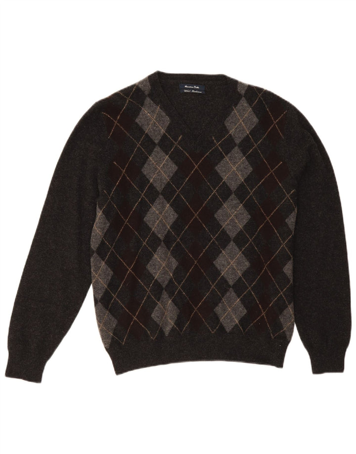 Męski sweter Massimo Dutti z dekoltem w kształcie litery V, średnioszary, argyle/diamentowa wełna