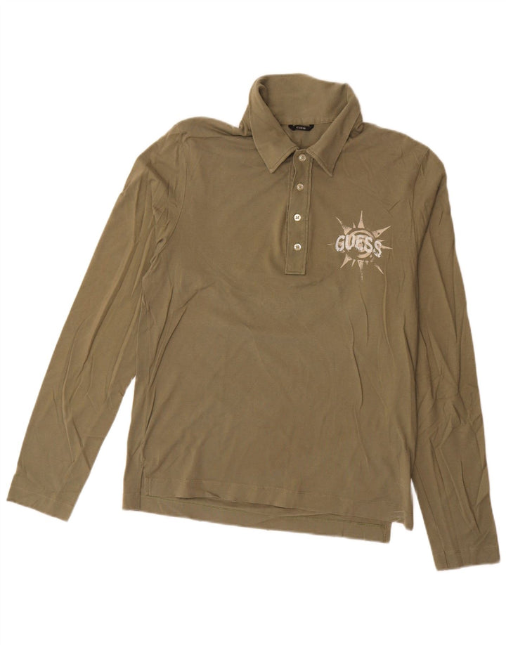 Męska koszulka polo Guess z długim rękawem i grafiką, średnia, bawełniana khaki