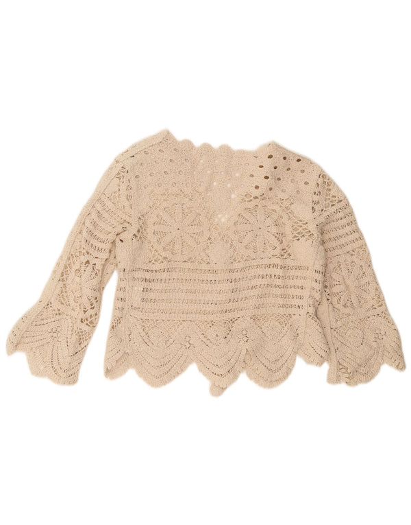 Vintage damski sweter z krótkim rękawem 3/4, szydełkowany, UK 4 XS, beżowy