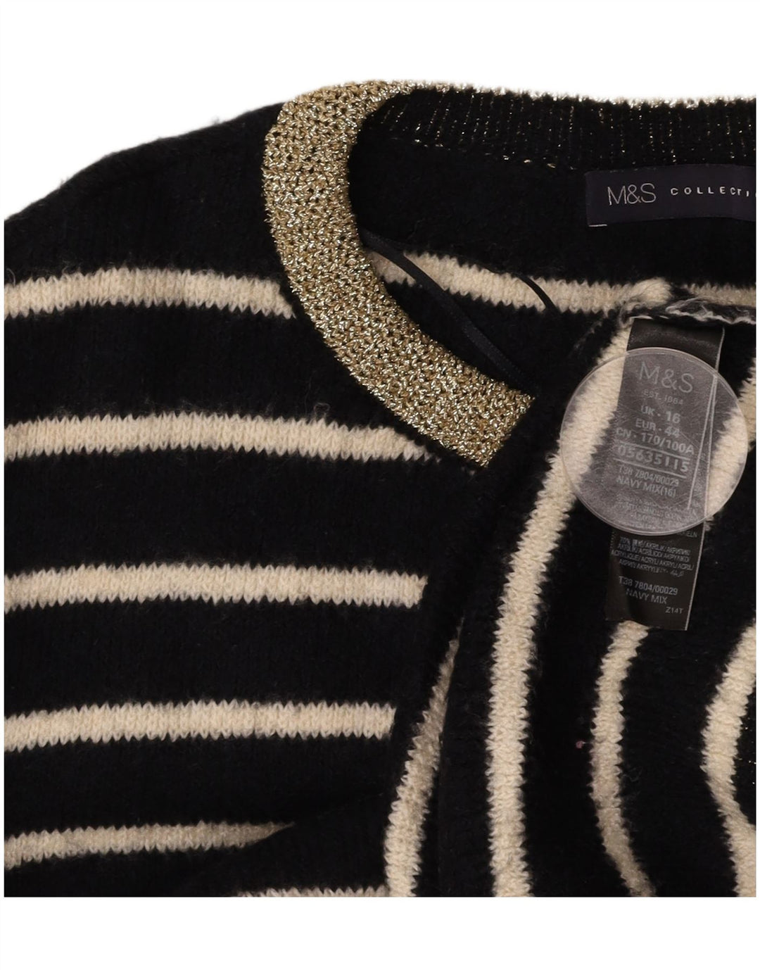 MARKS & SPENCER Damski sweter z okrągłym dekoltem UK 16, duże czarne paski