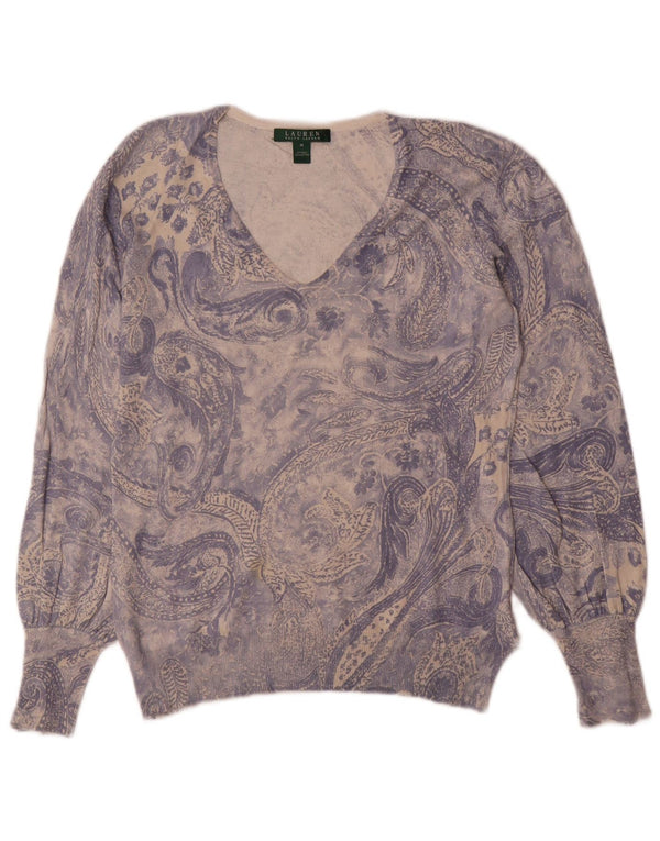 Damski sweter Ralph Lauren z dekoltem w kształcie litery V, UK 12, średni niebieski jedwabny paisley