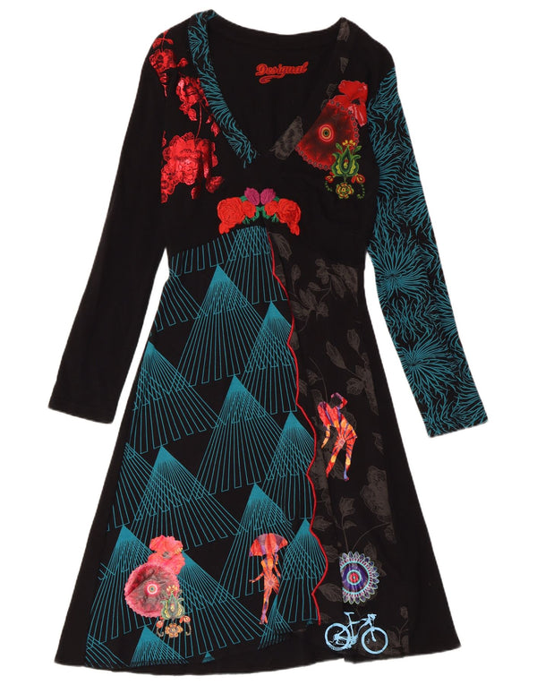 DESIGUAL Damska graficzna sukienka o linii A z długim rękawem UK 18 XL, czarna w kwiaty