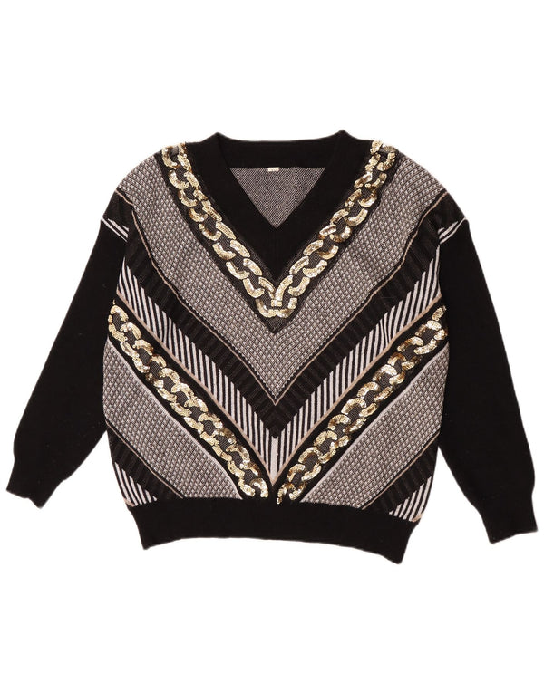 Sweter damski w stylu vintage z dekoltem w szpic, UK 14, duży, czarny, poliestrowy w paski