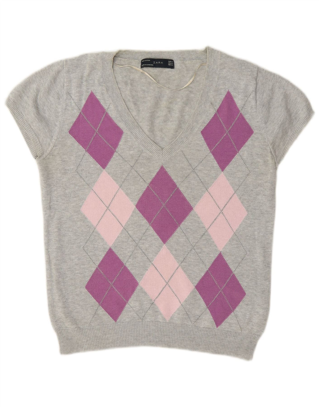 Damski sweter Zara z dekoltem w kształcie litery V UK 12 Średni szary Argyle/Diament