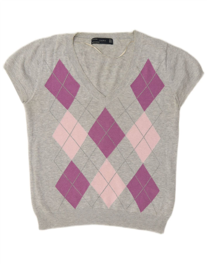 Damski sweter Zara z dekoltem w kształcie litery V UK 12 Średni szary Argyle/Diament