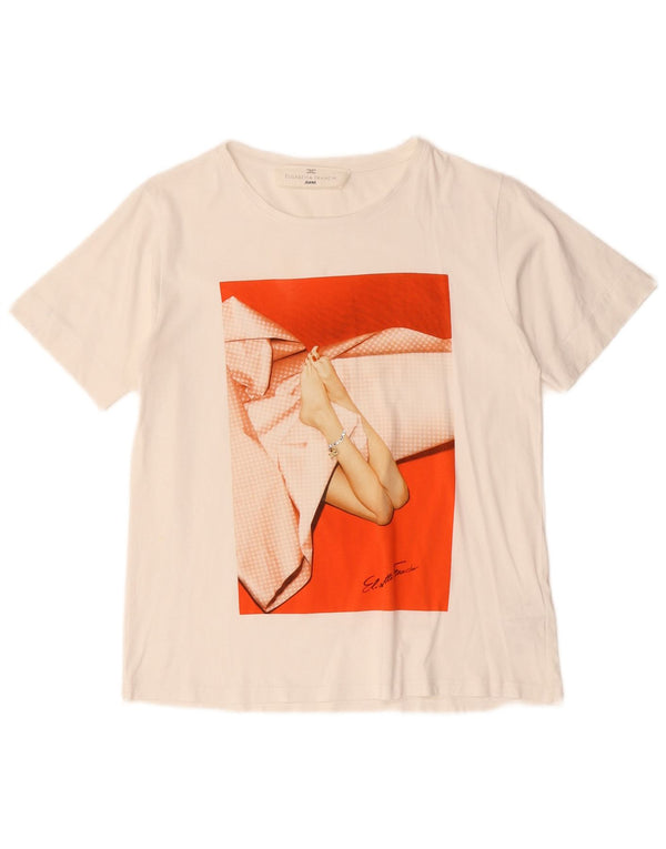 Damska koszulka graficzna Elisabetta Franchi Top UK 12 Średnia biała bawełna