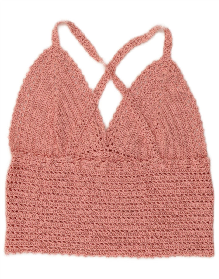 Vintage damski krótki top na szydełku, UK 4 XS, różowy