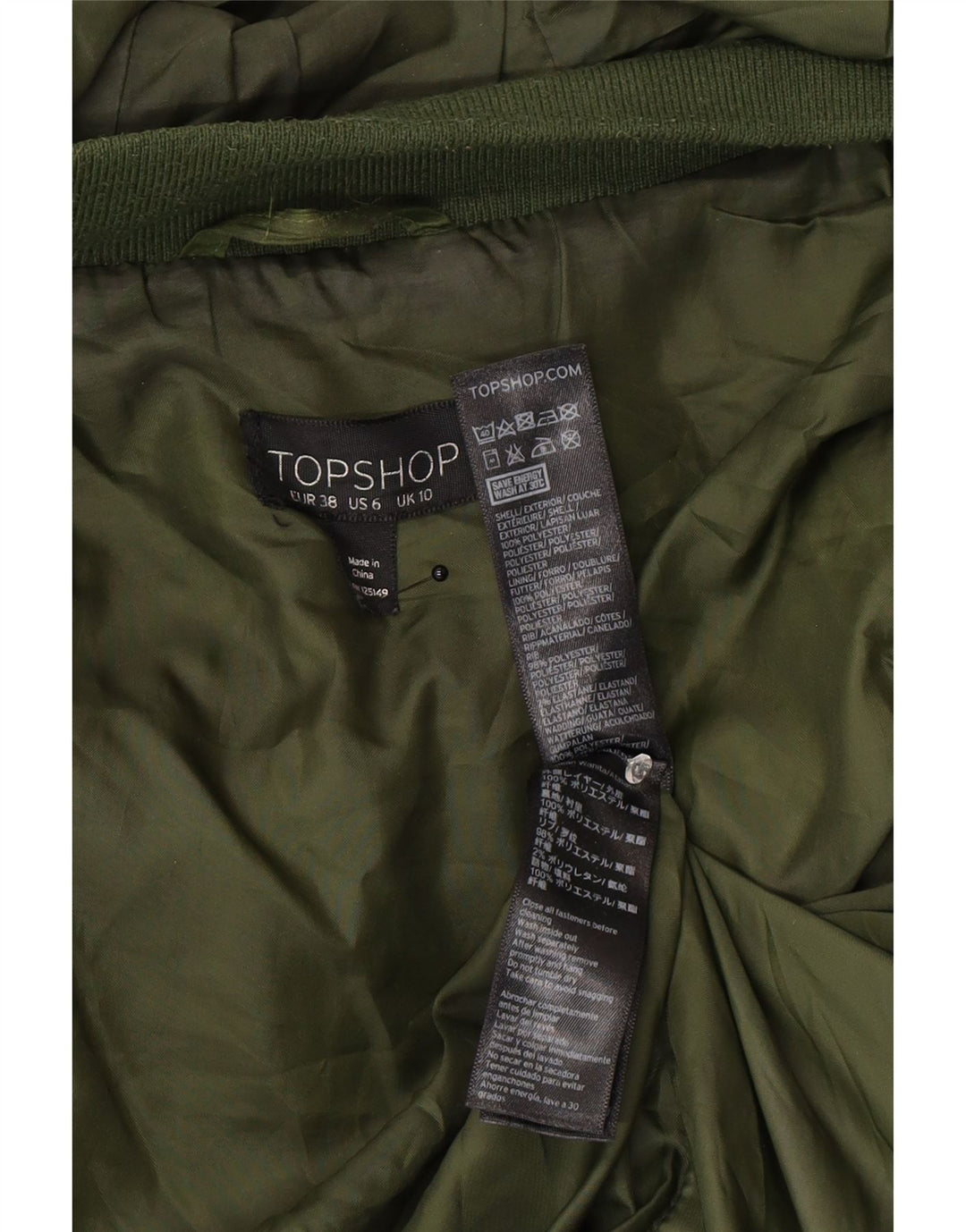 Topshop Damska kurtka z kapturem, oversize, wyściełana, UK 10, mała, khaki, poliester