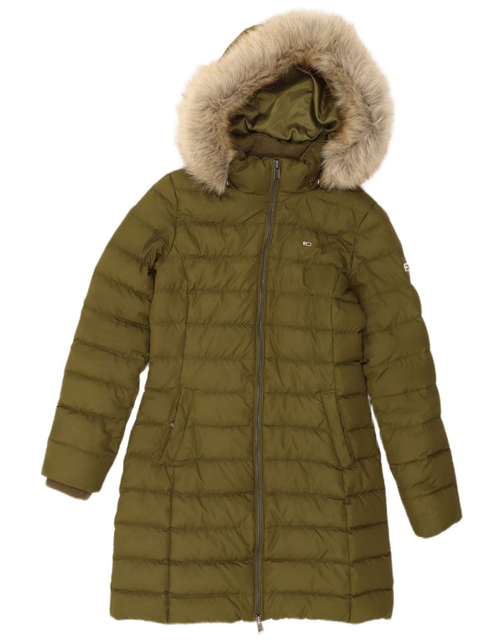 Damski ocieplany płaszcz z kapturem Tommy Hilfiger UK 10, mały, zielony poliester