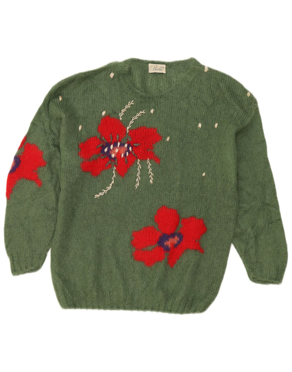 Vintage damski sweter z graficznym dekoltem w łódkę UK 20 2XL zielony kwiatowy
