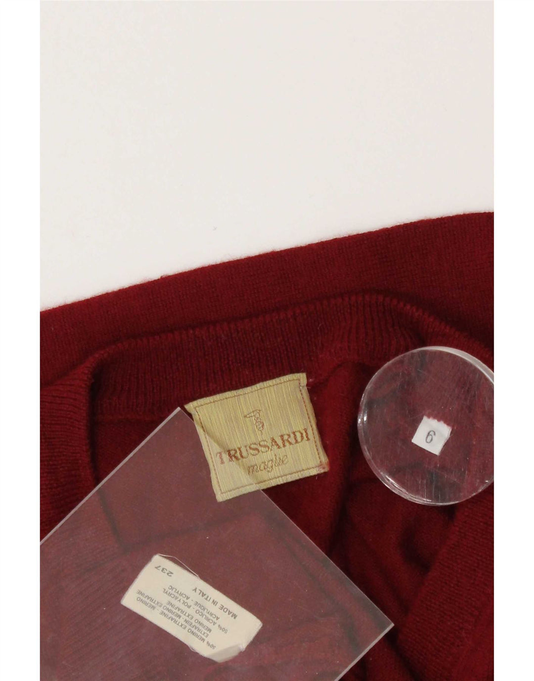 Męski sweter Trussardi z dekoltem w szpic, duży, z czerwonej wełny merynosów