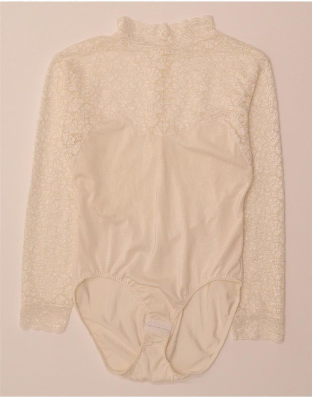 VINTAGE Womens Long Sleeve Bodysuit UK 12 Medium Off White Floral