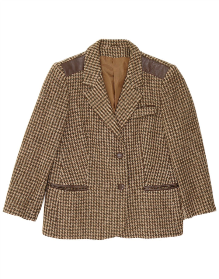 Vintage damska marynarka zapinana na 2 guziki IT 48 XL, brązowa wełna w pepitkę