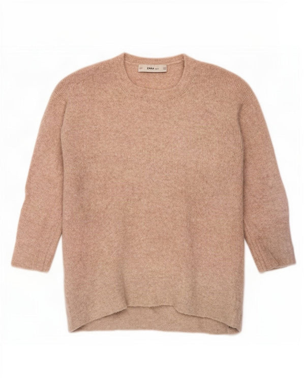 Damski sweter Zara z okrągłym dekoltem i rękawami 3/4, UK 14, średni beż