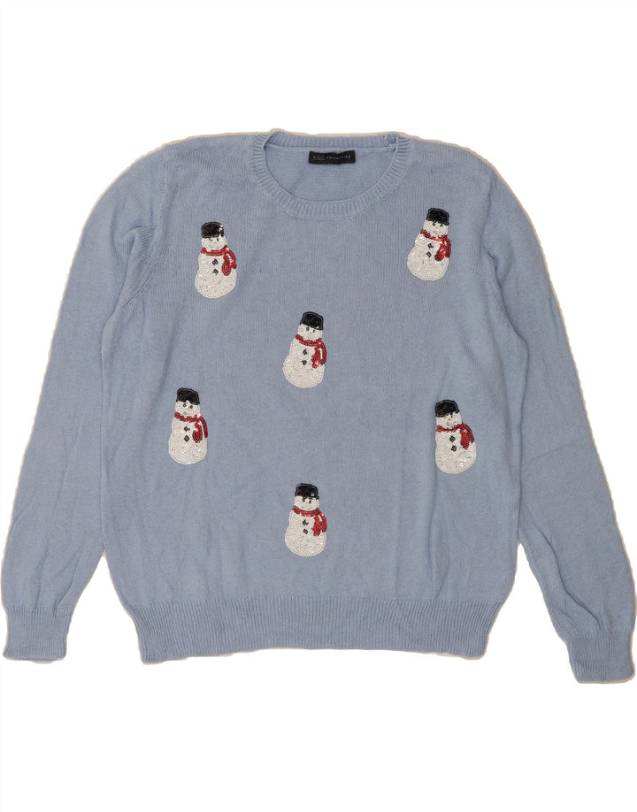 MARKS & SPENCER Womens Graphic Crew Neck Jumper Sweater UK 16 Large Blue Vintage Marks & Spencer and Second-Hand Marks & Spencer from Messina Hembry 