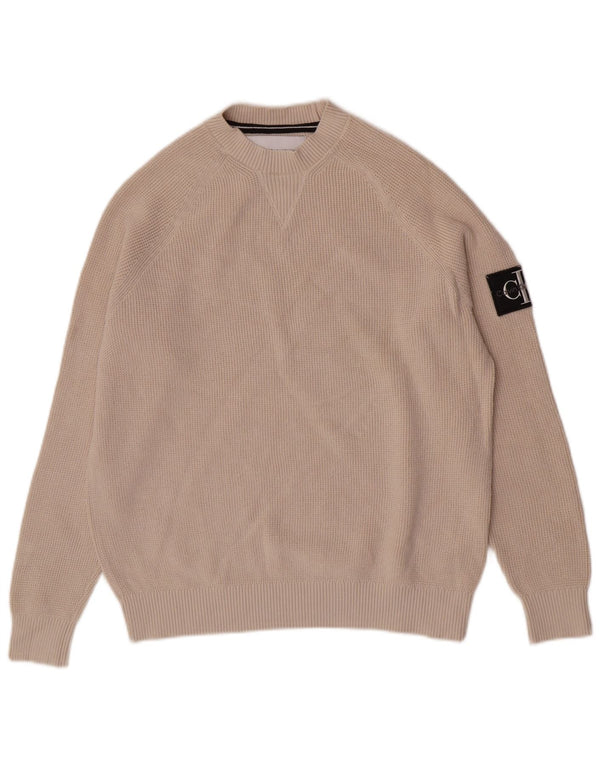 Męski sweter z okrągłym dekoltem Calvin Klein Jeans, mały, beżowy, bawełniany