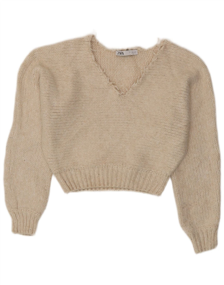 Damski sweter oversize ZARA z dekoltem w kształcie litery V, UK 10, mały w kolorze złamanej bieli