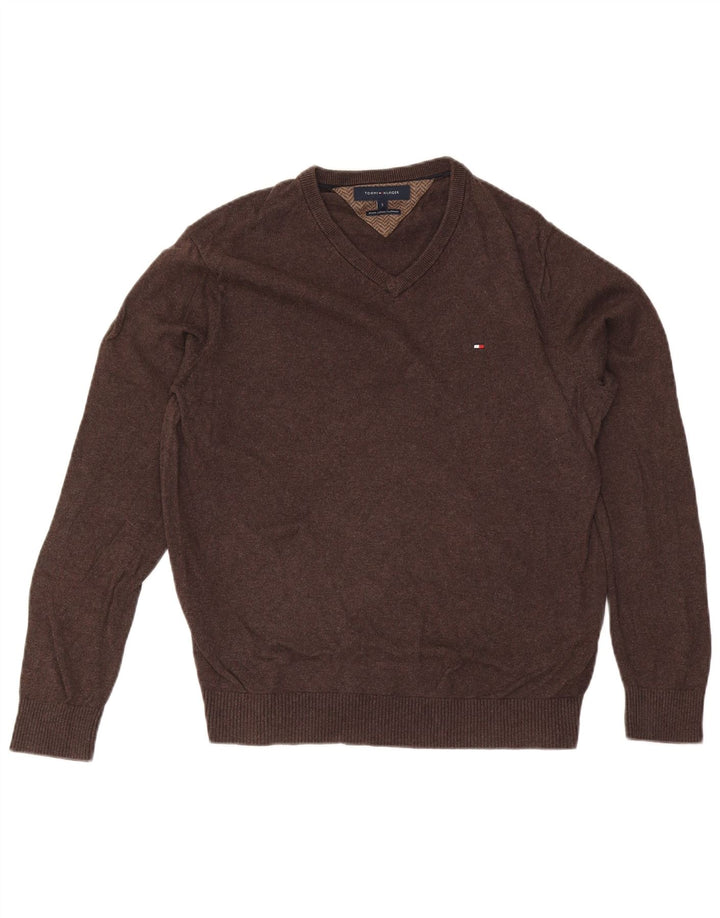 Męski sweter Tommy Hilfiger z dekoltem w kształcie litery V, mały, brązowy, bawełniany