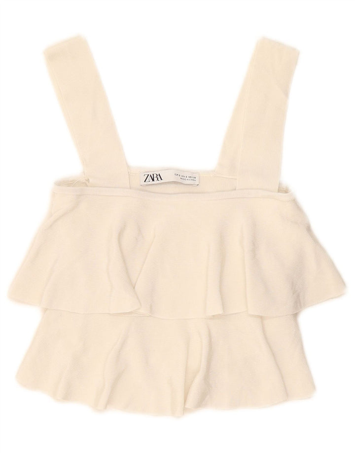 Damski top na ramiączkach Zara Crop Ruffle Front UK 8 Small Off White Wiskoza