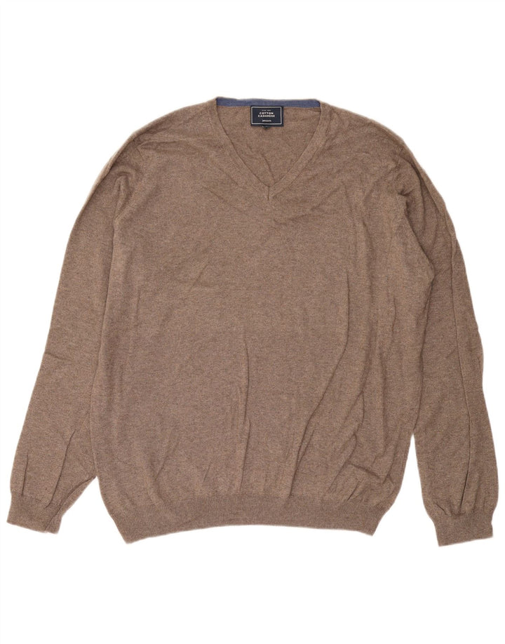 Męski sweter John Lewis z dekoltem w kształcie litery V, duży, brązowy, bawełniany