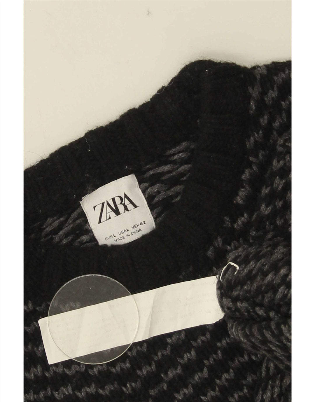 Męski sweter Zara z okrągłym dekoltem, duży, czarny nylon w jodełkę