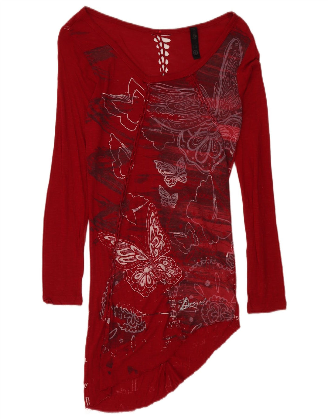 DESIGUAL Damska asymetryczna bluzka z długim rękawem Top UK 8 Small Red Butterfly