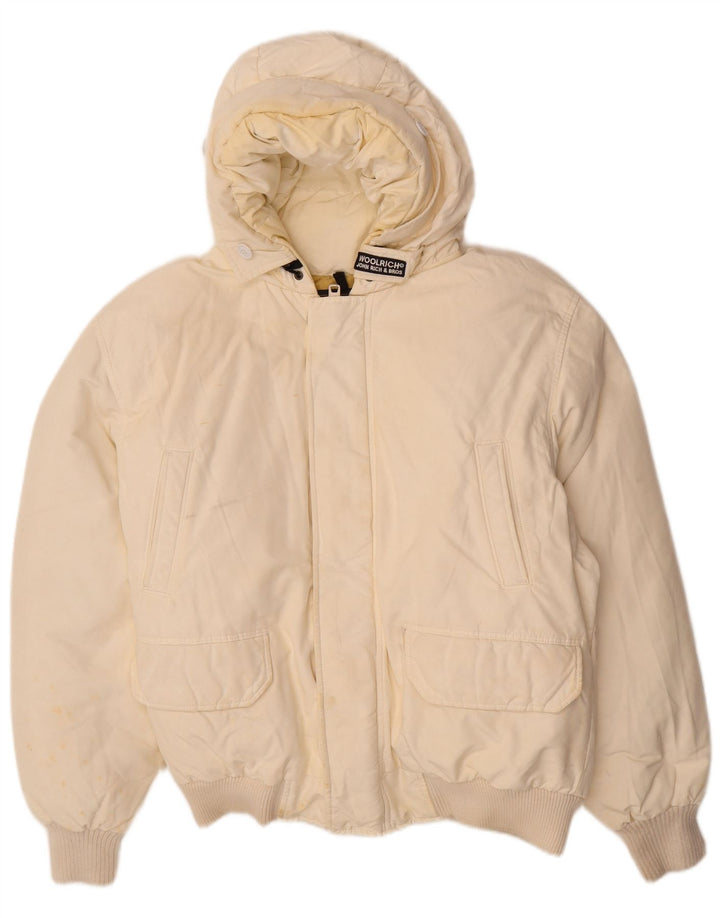 Męska ocieplana kurtka z kapturem Woolrich UK 40, duża, z białej bawełny