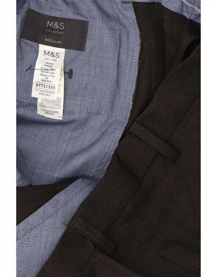 Marks & Spencer Męskie proste spodnie garniturowe W38 L31 Brązowy poliester