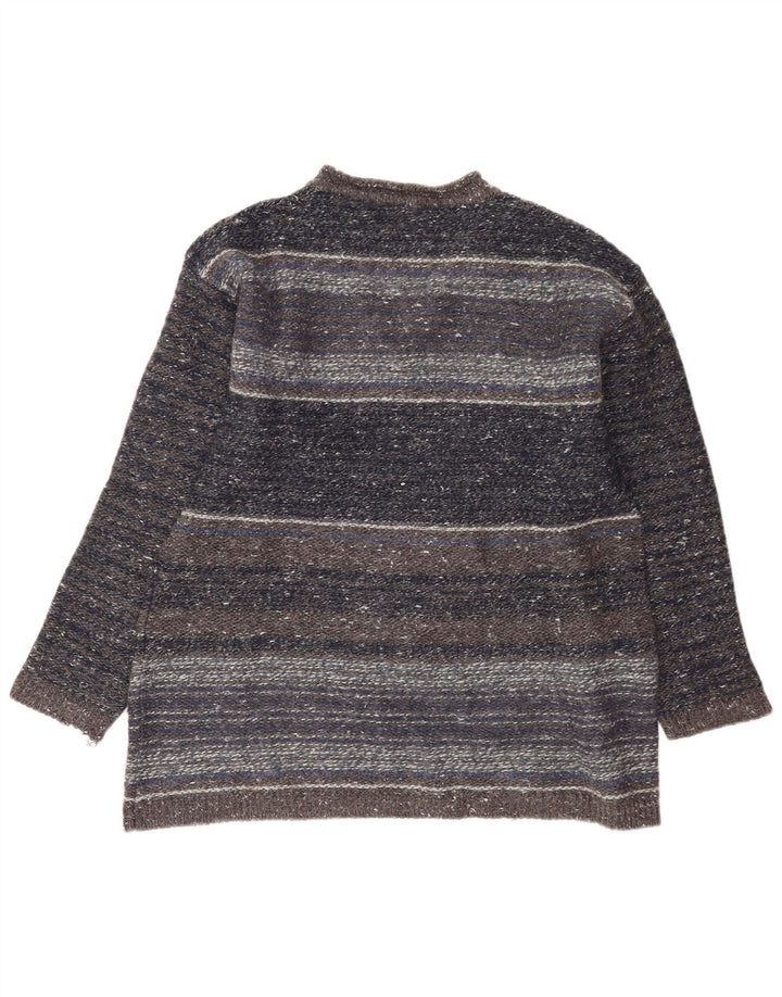Męski sweter w stylu vintage z dekoltem w szpic, w średnie szare paski