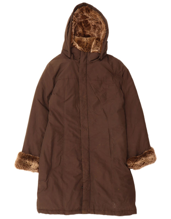 Damski ocieplany płaszcz z kapturem Woolrich UK 16, duży, brązowy, bawełniany