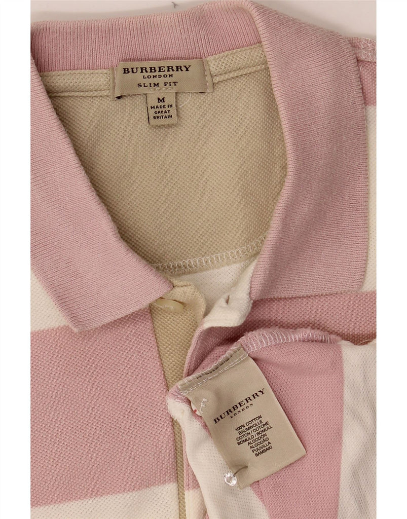 BURBERRY Womens Slim Fit Polo Shirt UK 12 Medium Pink Striped Cotton Vintage Burberry and Second-Hand Burberry from Messina Hembry 