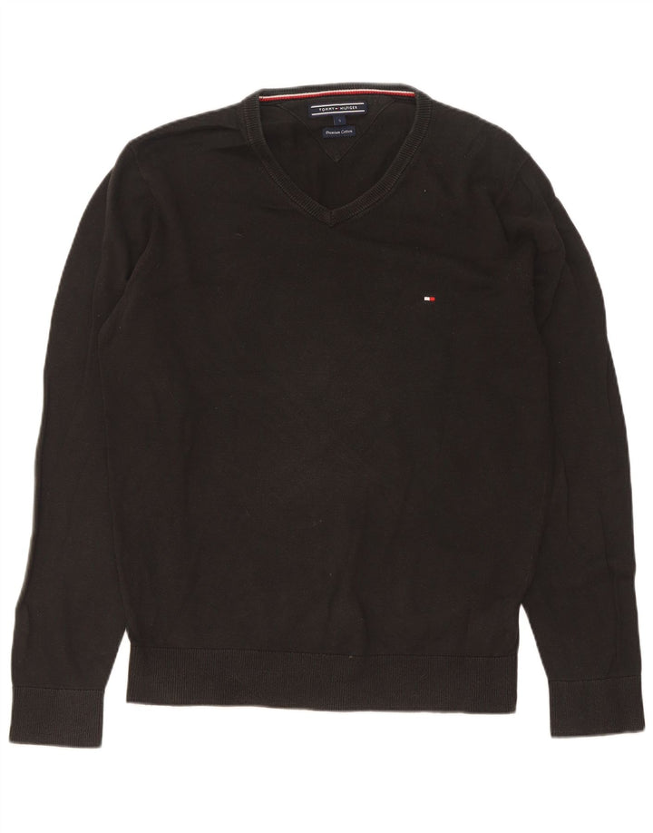 Męski sweter Tommy Hilfiger z dekoltem w kształcie litery V, mały, czarny, bawełniany