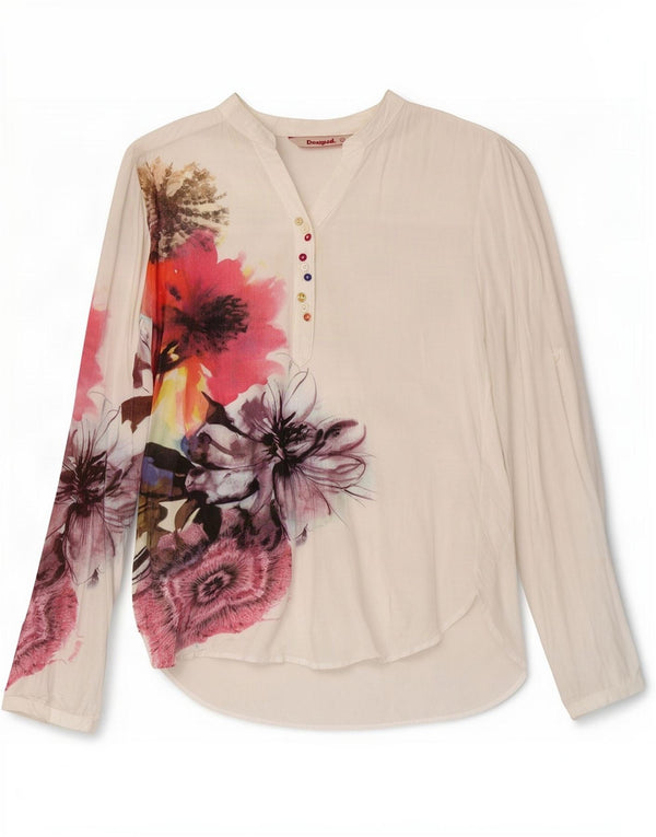 Damska koszula pulowerowa Desigual UK 10 Small, biała, w kwiaty, wiskoza