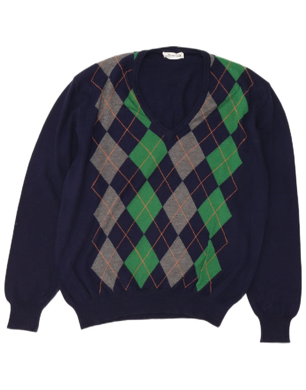 Męski sweter w stylu vintage z dekoltem w szpic IT 52, duży granatowy Argyle/Diament
