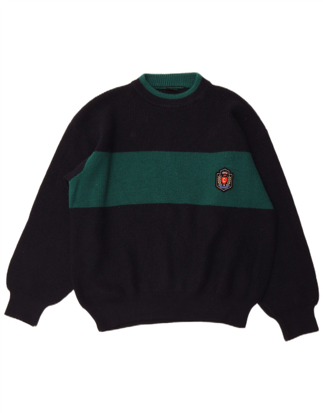 VINTAGE Męski sweter z dekoltem w łódkę XL Granatowy, wełniany blok kolorów