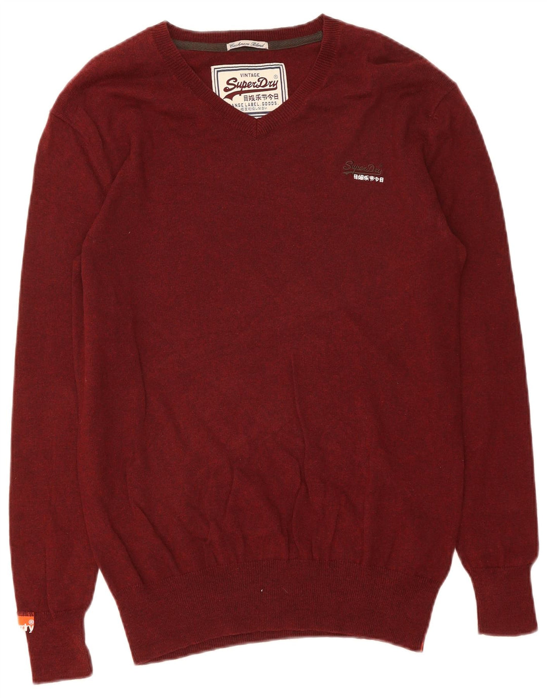 SUPERDRY Mens V-Neck Jumper Sweater Medium Maroon Cotton