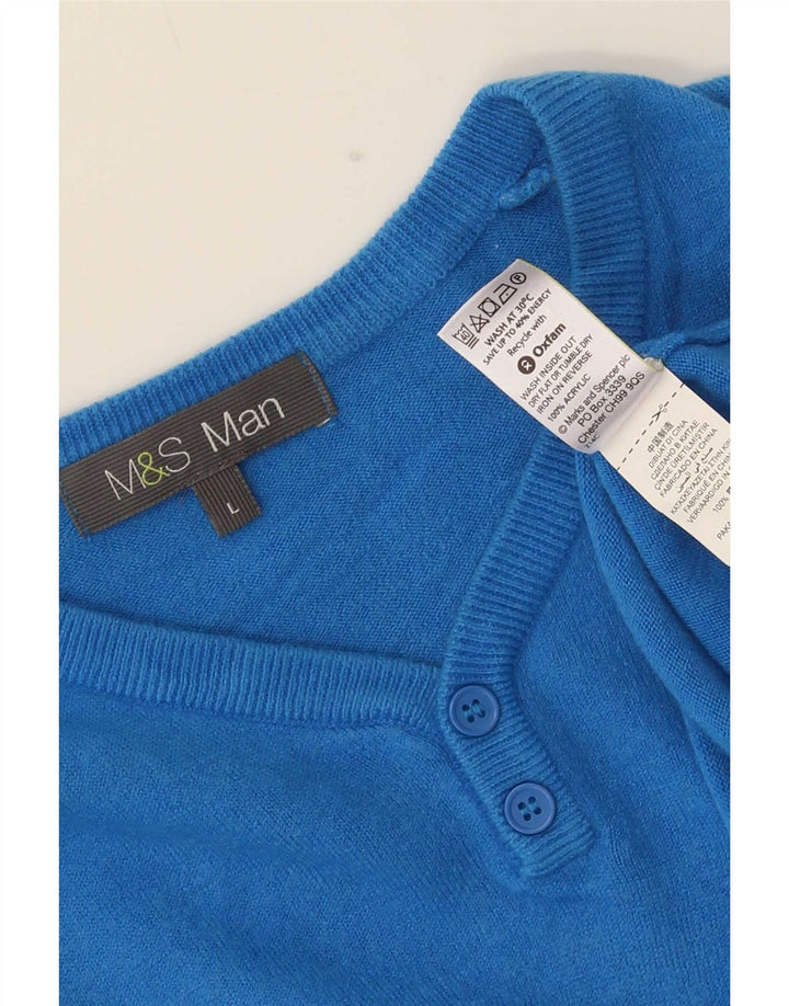 Marks & Spencer Męski sweter z dekoltem w kształcie litery V, duży, niebieski akryl