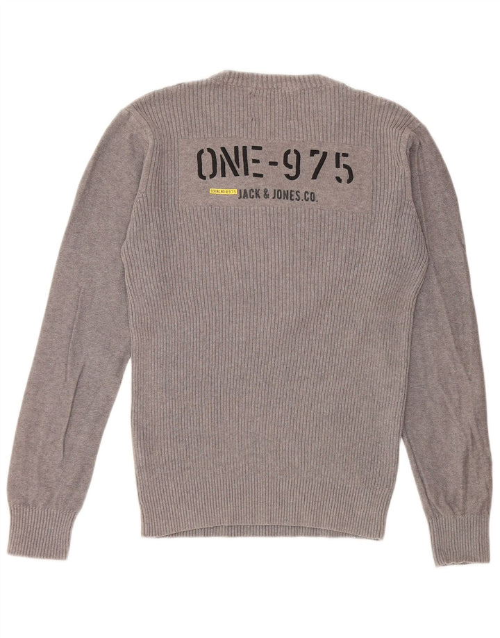Męski sweter JACK & JONES z graficznym wycięciem pod szyją, średnioszary, bawełniany