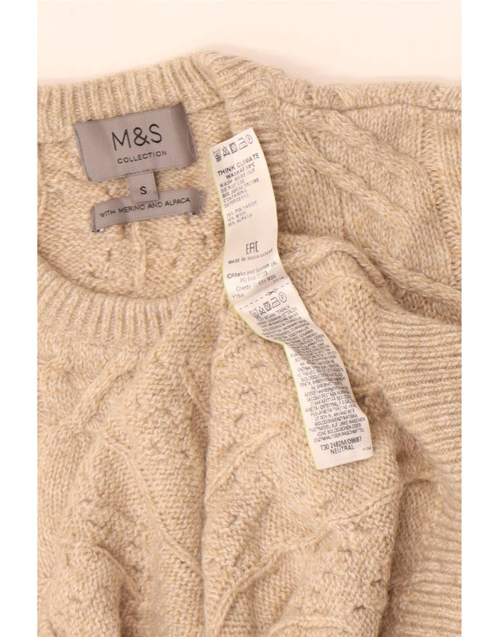 Marks & Spencer Męski sweter z okrągłym dekoltem, mały, beżowy poliamid