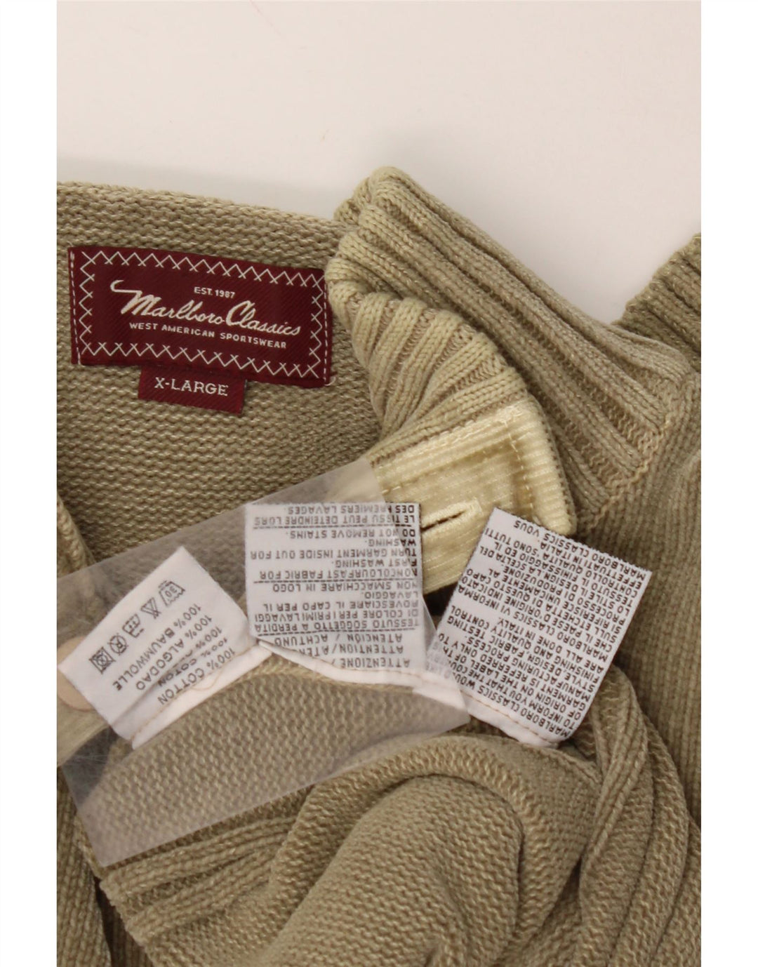 MARLBORO CLASSICS Męski sweter zapinany pod szyją XL, bawełniany khaki