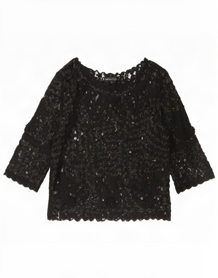 Damski top Sky Design z prześwitującym rękawem 3/4 US 4, mały, czarny w kwiaty