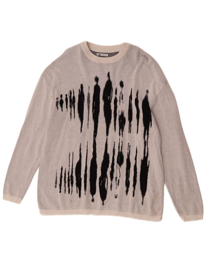 Męski sweter Zara z graficznym dekoltem w łódkę, średnioszary, bawełniany