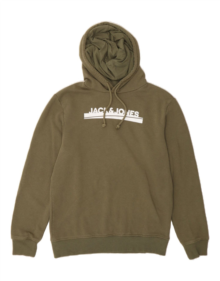 JACK & JONES Mens Graphic Hoodie Jumper Medium Khaki Cotton Vintage Jack & Jones and Second-Hand Jack & Jones from Messina Hembry 
