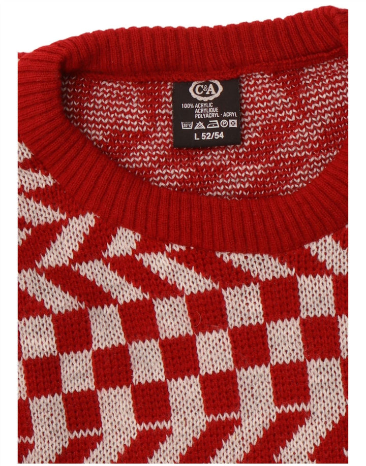 Męski sweter C & A z okrągłym dekoltem, duży, czerwony, geometryczny akryl