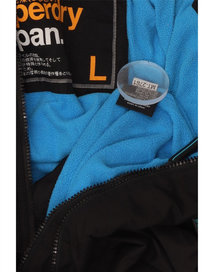 Damska kurtka wiatrówka z kapturem SUPERDRY UK 16, duża, czarna nylonowa