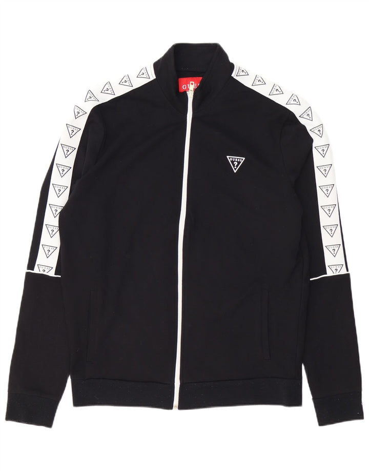 Męska kurtka dresowa GUESS z grafiką, mała, czarna, wiskoza z blokami kolorów