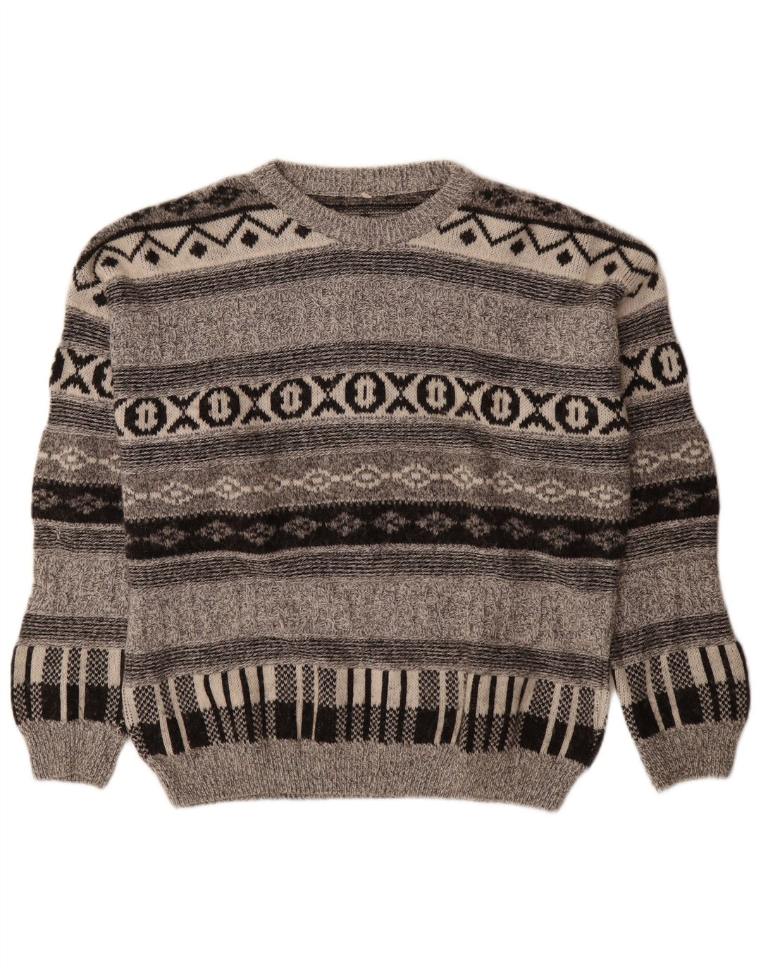 Vintage męski sweter z okrągłym dekoltem, średnioszary, geometryczny wełniany